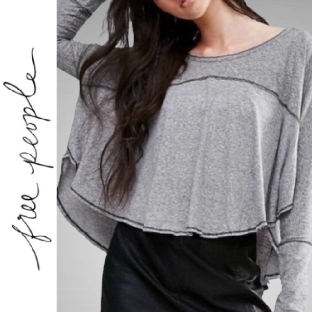Free People We the Free Cloud Nine Boxy Long Sleeve Swing Tee Heather Gray- XS